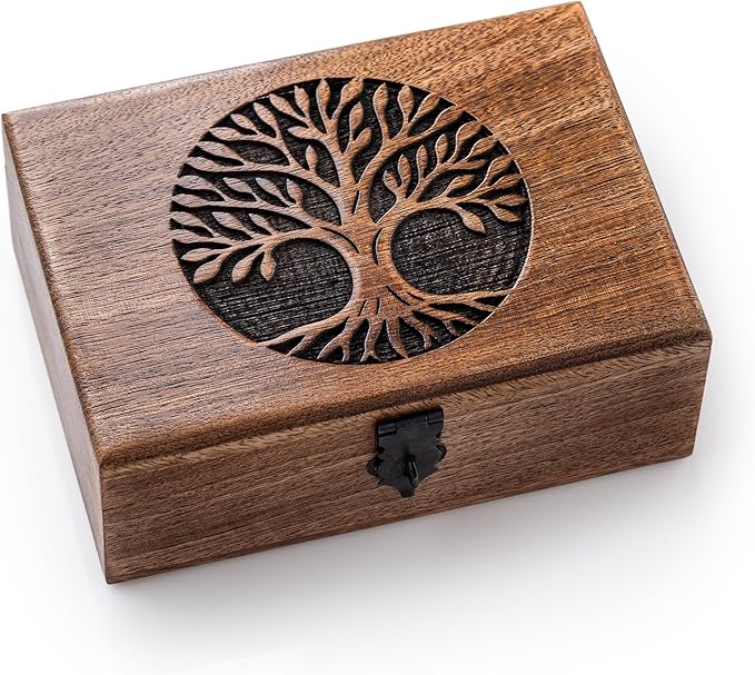 inanosa Handmade Mango Wood Tree of Life Jewelry Box, 7x5 inch Hand Carved Keepsake Box & Organizer, Unique Gift for Men &...