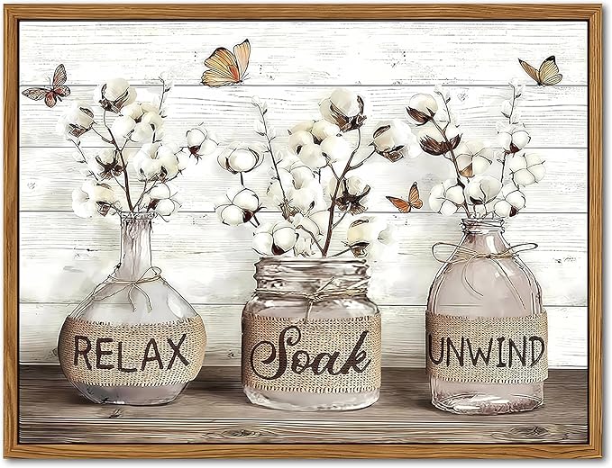 Floating Framed Farmhouse Bathroom Decor Wall Art, Rustic Cotton Pictures Canvas Wall Decor Paintings, Modern Country Rela...
