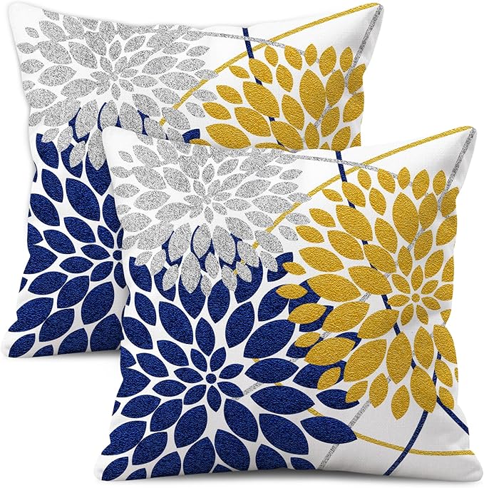 Decorative Throw Pillow Covers Set of 2 Double-Sided 18x18 inch White Linen Yellow Navy Blue Silver Grey Pillow Cases Farm...