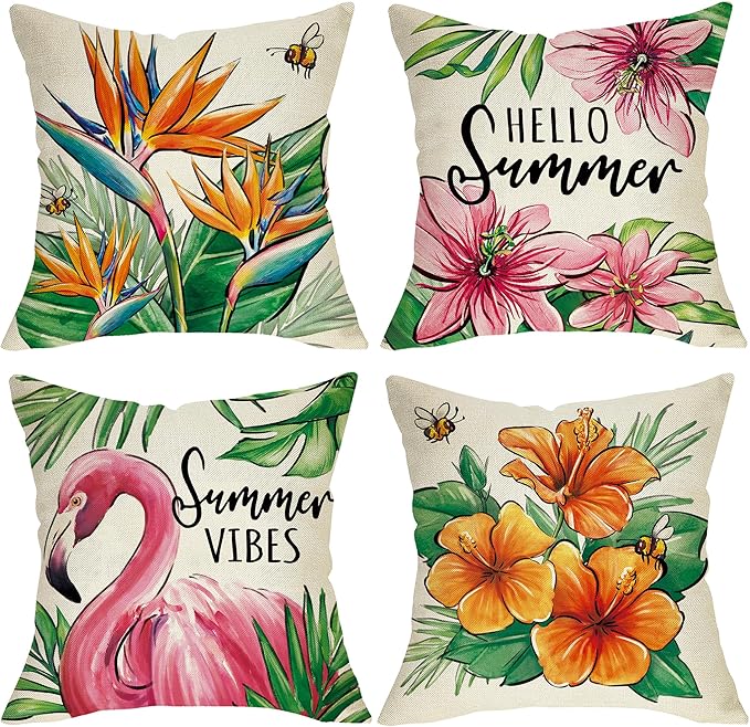Fjfz Hello Summer Vibes Flamingo Decorative Throw Pillow Covers 16 x 16 Set of 4, Tropical Hibiscus Flower Floral Porch Ou...