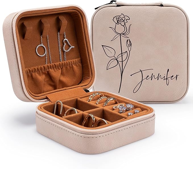 Custom Leather Customized Jewelry Organizer Box w/Name & Birth Flower Month - Birthday Gifts for Women, Mom Personalized J...