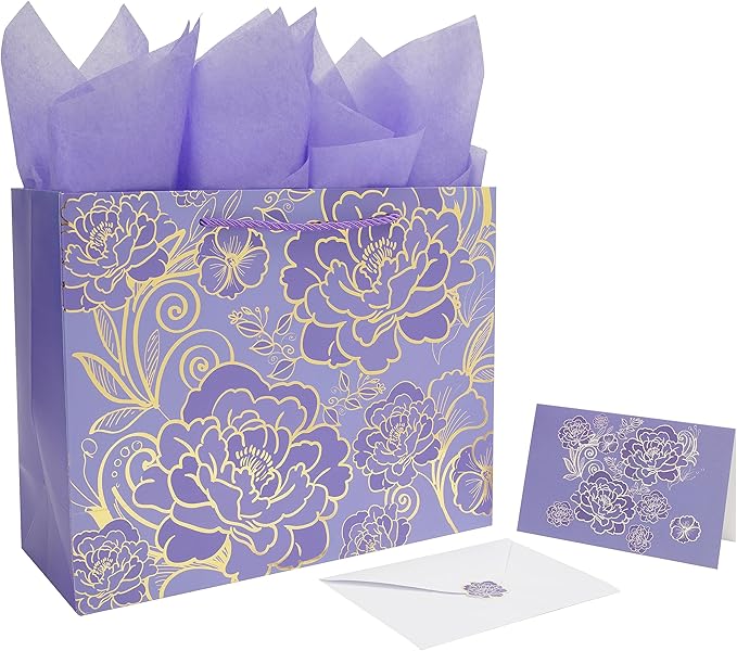 Qirrmiy 13" Large Rose Purple Gift Bag Set with Greeting Card and Tissue Paper for Women or Girls for Celebrating Birthday...