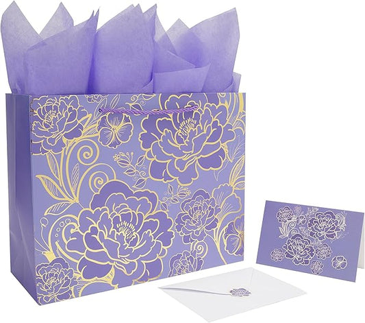 Qirrmiy 13" Large Rose Purple Gift Bag Set with Greeting Card and Tissue Paper for Women or Girls for Celebrating Birthday...