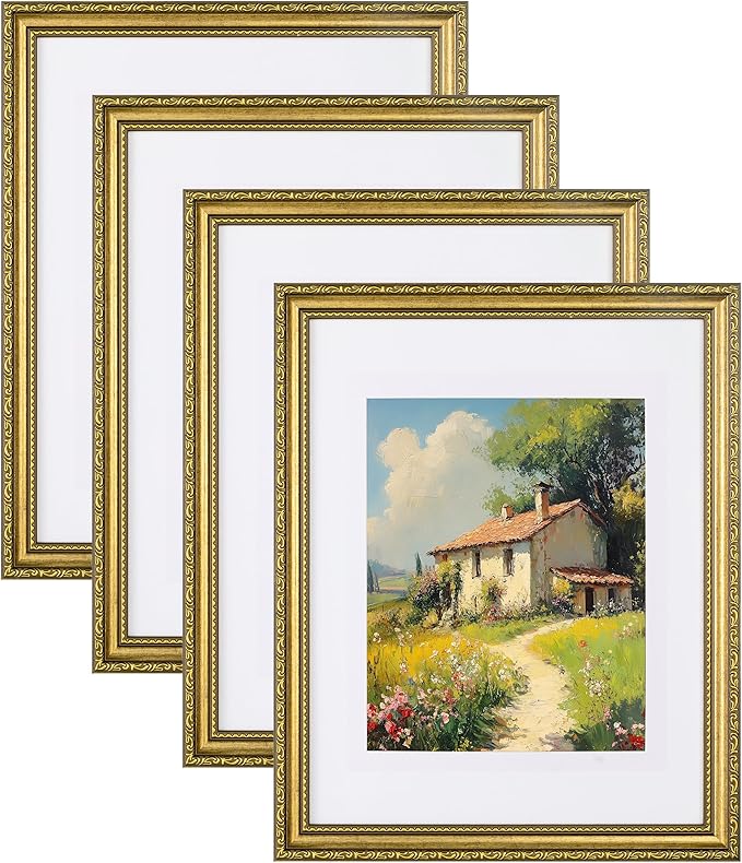 eletecpro 11x14 Picture Frames Set of 4, Vintage Photo Frame with Glass Cover, Gold Frames 11 x 14 Display 8x10 Photo with...