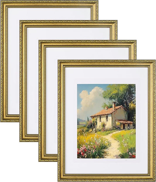 eletecpro 11x14 Picture Frames Set of 4, Vintage Photo Frame with Glass Cover, Gold Frames 11 x 14 Display 8x10 Photo with...