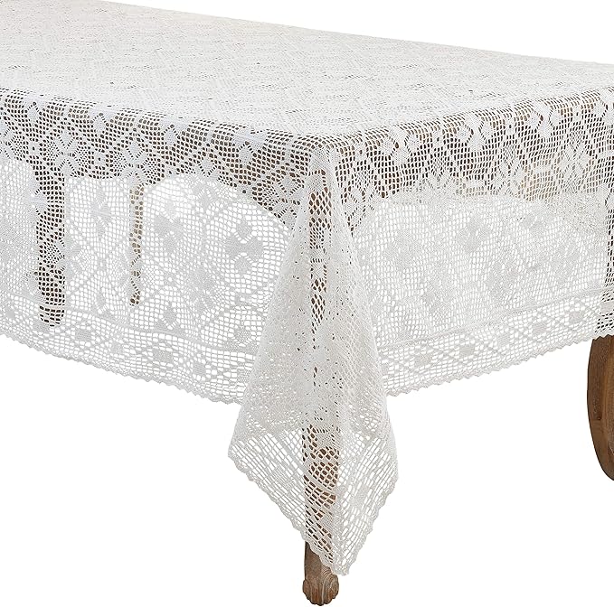 SARO LIFESTYLE Cressida Collection Crochet Design Tablecloth, 65" x 88", White