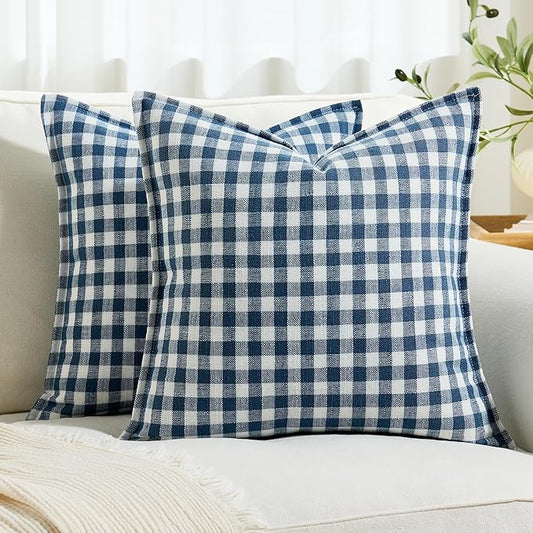 KINDREX Farmhouse Gingham Throw Pillow Covers 18x18 Set of 2, Small Checkered Linen-Textured Cushion Covers with Flanged E...