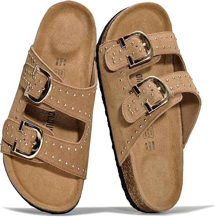 Project Cloud 100% Genuine Leather Flat Sandals For Women 2026 Cork Footbed Womens Sandals with Memory Foam and arch suppo...