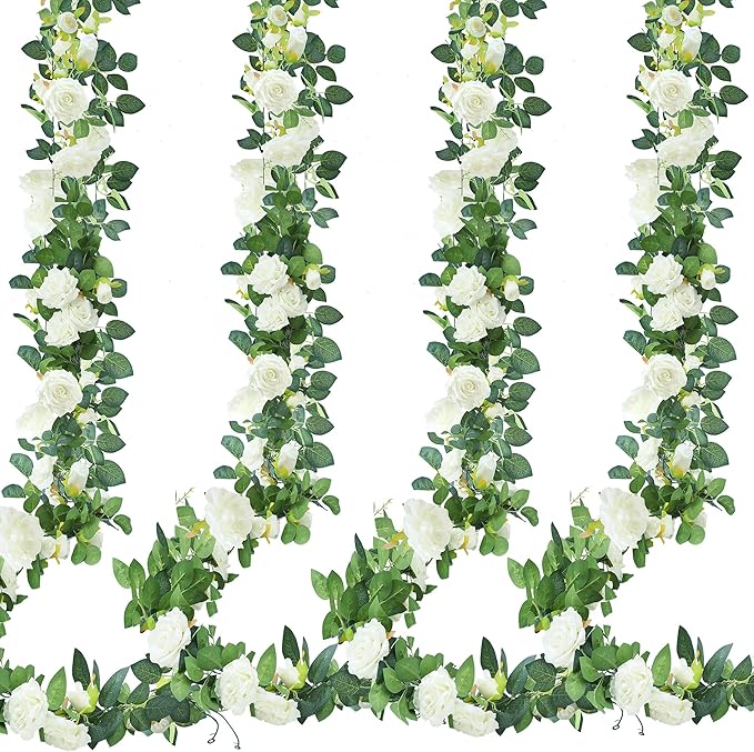 Sggvecsy 4Pcs 31Ft Artificial Rose Vine Fake Flower Garland Floral Garland Faux Silk Hanging Vine Rose Ivy Vines for Weddi...