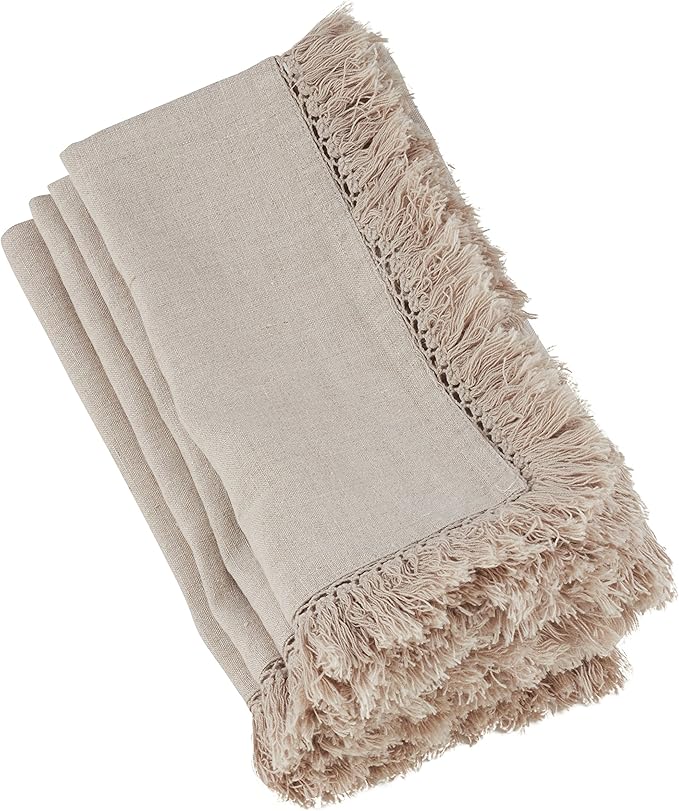 SARO LIFESTYLE 1688.N20S Refined Rustic Collection Fringed Linen Table Napkins in Stonewashed Colors (Set of 4), 20", Natural