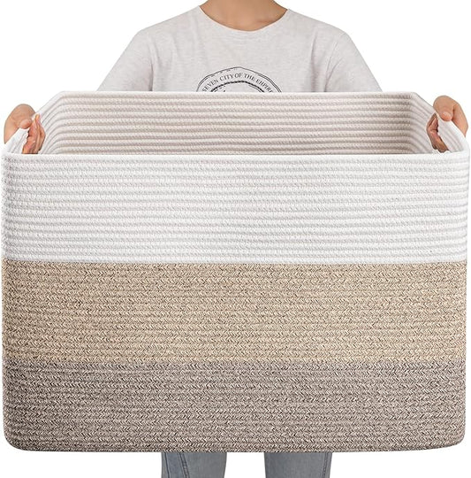 OIAHOMY 108L Super Large Blanket Basket, 25”x16”x16”(108L) Rectangle Woven Baskets for Storage, Cotton Rope Basket For Liv...