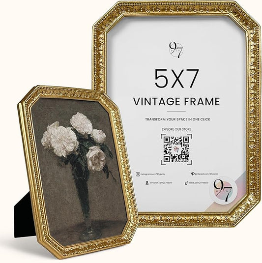 97 Decor 5x7 Vintage Picture Frame - Gold Antique Frame 5x7, Ornate Frames 5 X 7 With Glass Front For Tabletop Photo Displ...