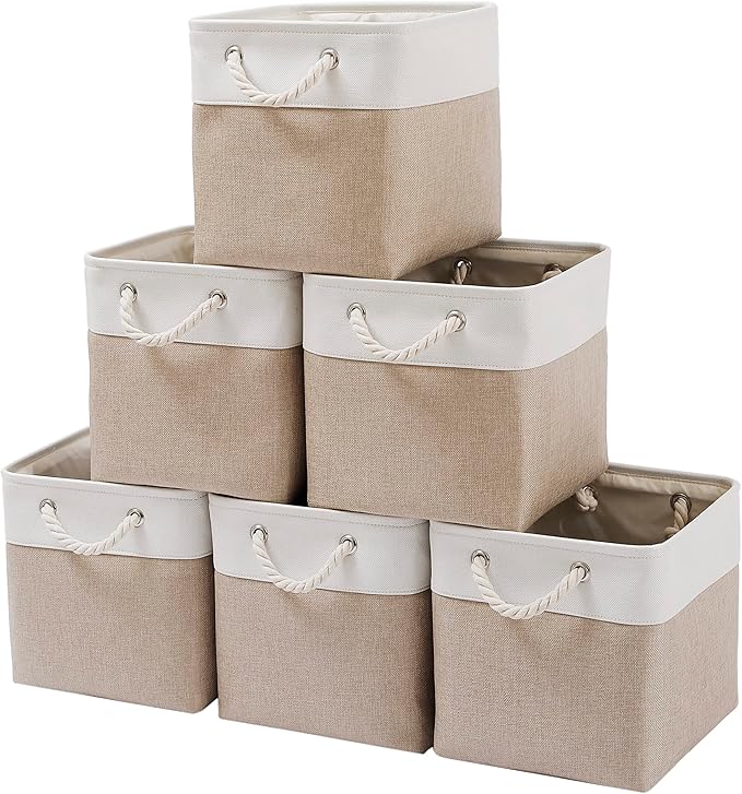 MidmmVick 11 x 11 Inch Cube Storage Bins, 6 Pack Large Collapsible Fabric Storage Bin with Ropes, Foldable Storage Cubes f...