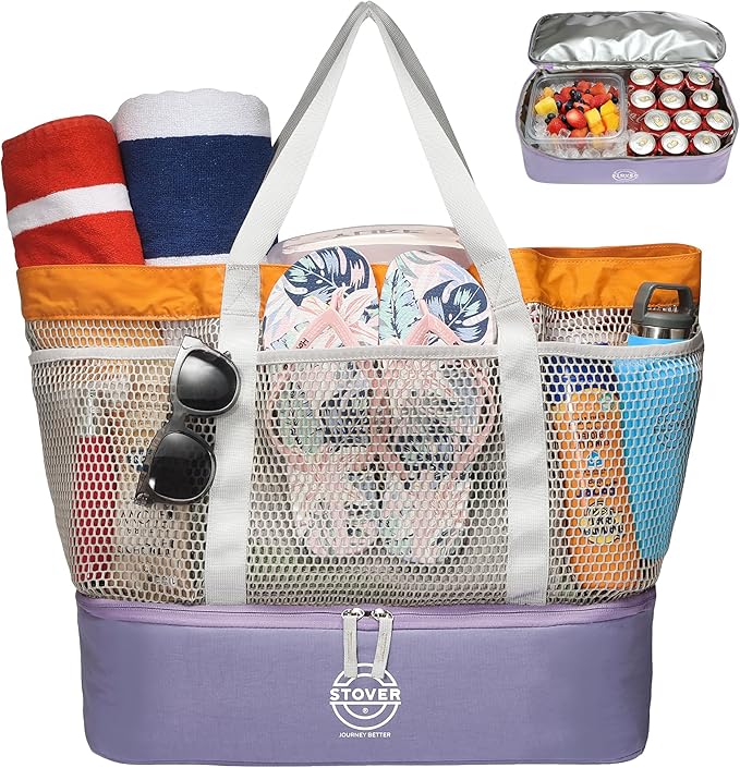 STOVER Extra Large Mesh Beach Bag, Vacation, Pool, Shopping & Travel Tote - Foldable w/Storage Pouch & Pockets for Women, Men