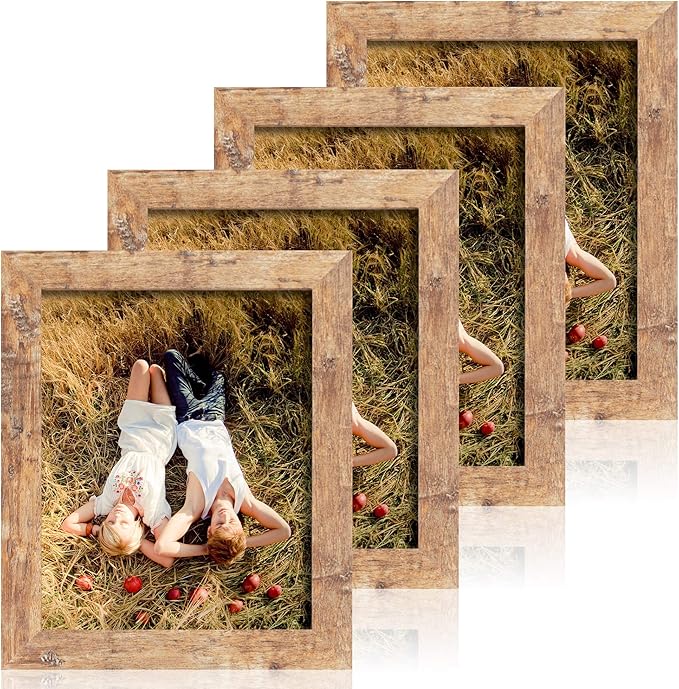 iRahmen 8x10 Picture Frame Set of 4, High Definition Real Glass Rustic Brown Frame, 8 x 10 Wood Photo Frames for Desktop D...