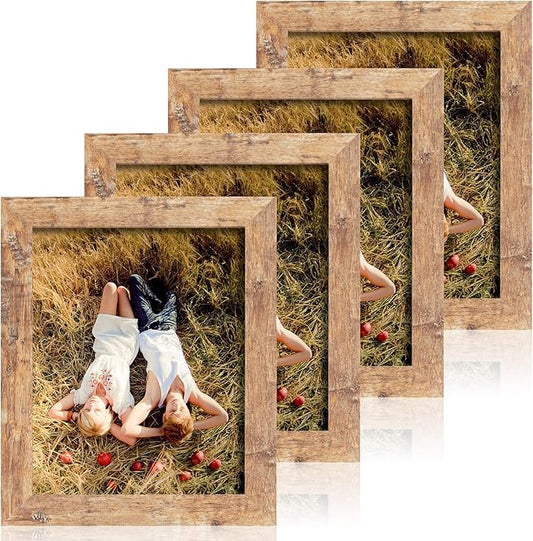 iRahmen 8x10 Picture Frame Set of 4, High Definition Real Glass Rustic Brown Frame, 8 x 10 Wood Photo Frames for Desktop D...