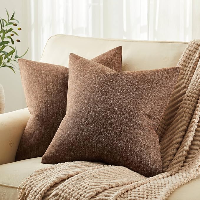 ZeeMart Rustic Cotton Linen Throw Pillow Covers Set of 2, 18x18 Inch Brown, Farmhouse Style Decorative Couch Pillow Cases ...