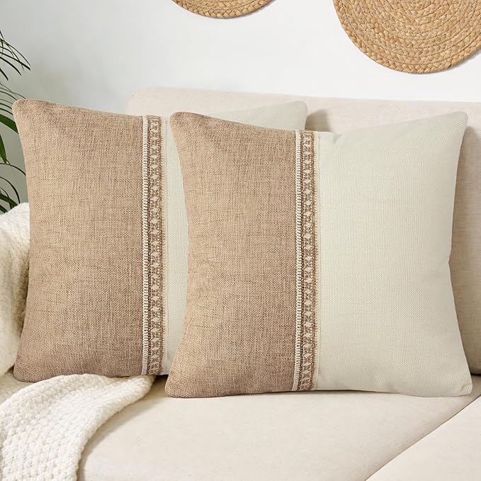 QoBexim Boho Patchwork Linen Throw Pillow Covers 18x18 Set of 2 with Fringe Trim, Khaki and Beige Farmhouse Textured Burla...