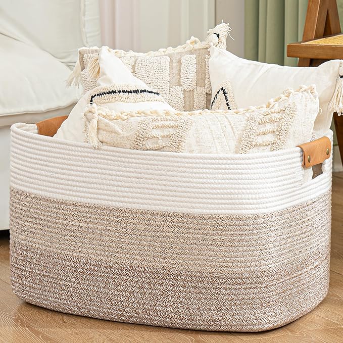 danpinera Blanket Basket, 72L Woven Storage basket with Leather Handle, Eco-friendly Decorative Storage Organization in Ba...