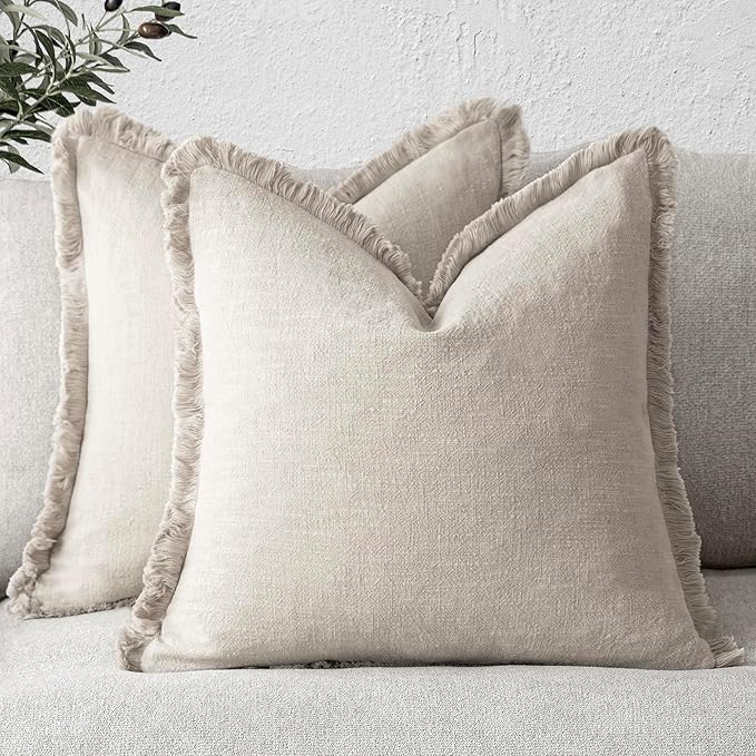 Foindtower Set of 2 Decorative Linen Fringe Throw Pillow Covers Cozy Boho Farmhouse Cushion Cover with Tassels Soft Accent...