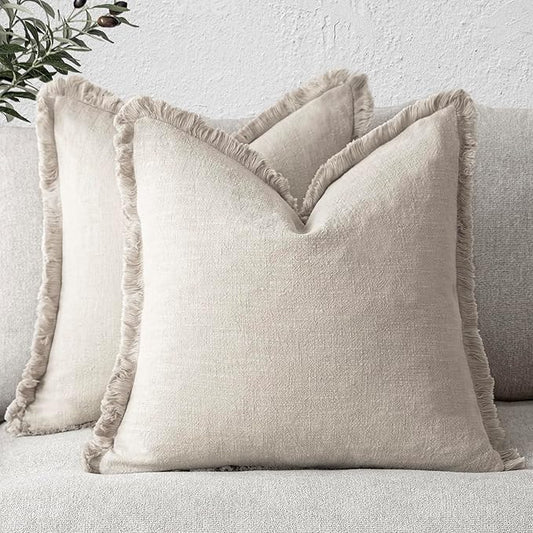 Foindtower Set of 2 Decorative Linen Fringe Throw Pillow Covers Cozy Boho Farmhouse Cushion Cover with Tassels Soft Accent...