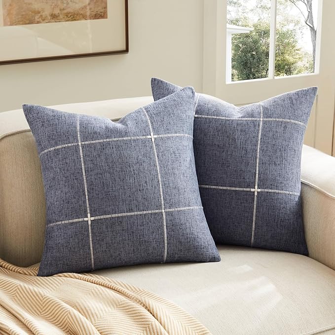 YZJZEDS 2 Packs Grid Embroidery Throw Pillow Covers, 20x20 Inch Navy Blue, Farmhouse Linen Decorative Navy Blue Cushion Co...