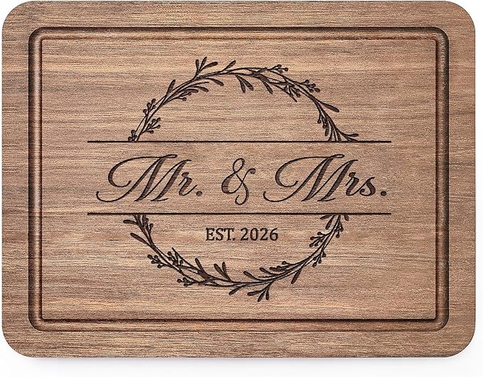 Craftique Wedding Gifts for Couples 2026, Bridal Shower Gifts- Walnut Wood Cutting Board Engraved with Mr. and Mrs. EST. 2...