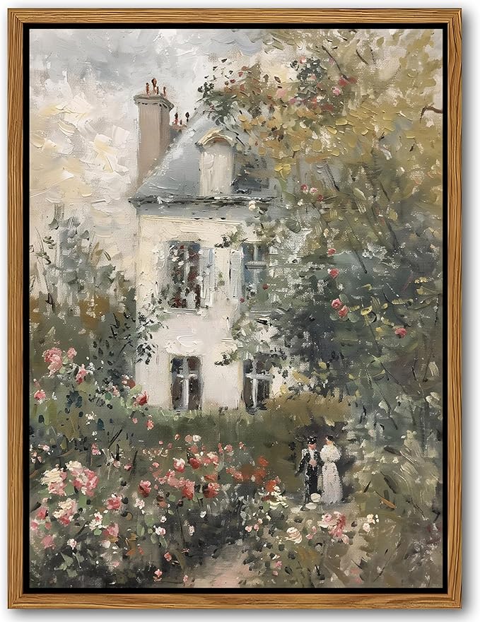 Floating Framed Canvas Vintage Wall Art, Neutral English Cottage Rose Garden Oil Paintings Print, Spring Pictures Wall Dec...