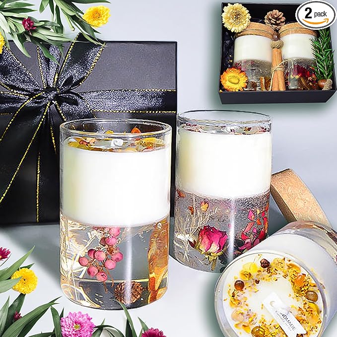 Crystal Candle Gift Set, Organic Natural Flowers in Yelly, Aromatherapy, Healing Gemstones, Botanical Scented Fragrance, M...