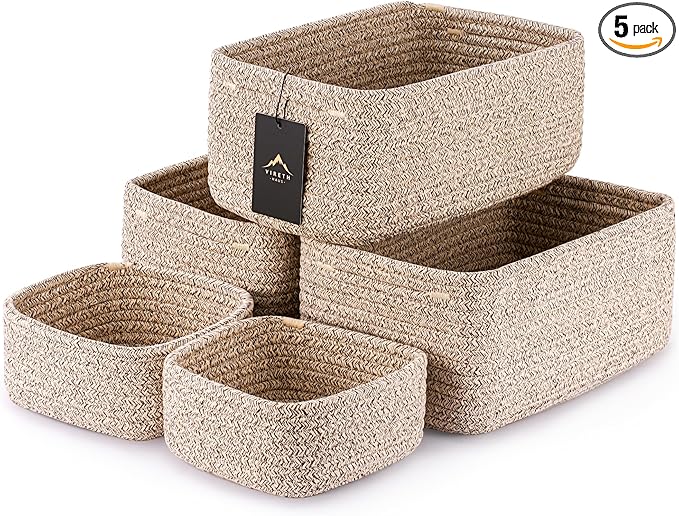 VIRETH HAUS 5-Pack Small Woven Rope Storage Baskets – 2 Sizes Organizer Bins for Closet, Shelf, Bookshelf, Nursery, Changi...