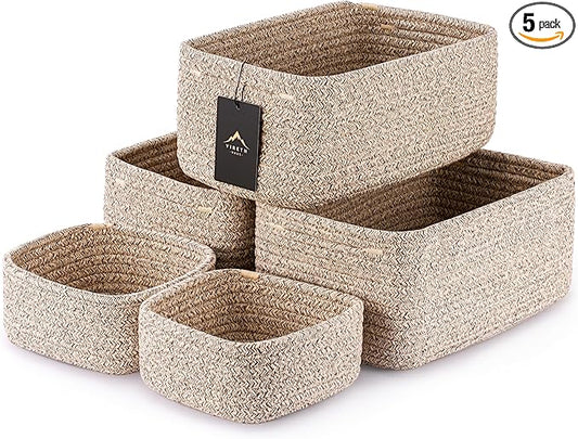 VIRETH HAUS 5-Pack Small Woven Rope Storage Baskets – 2 Sizes Organizer Bins for Closet, Shelf, Bookshelf, Nursery, Changi...