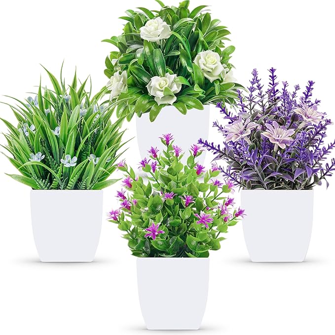 Der Rose 4 Pack Small Fake Flowers Plants Spring Decorations for Centerpiece Table Decorations Desk Home Bathroom Office D...