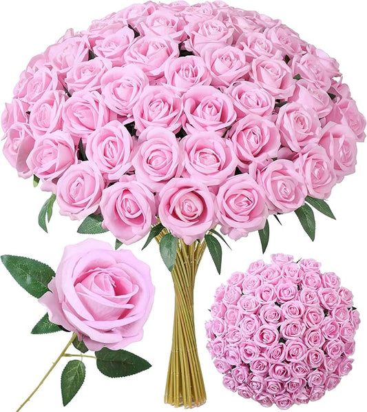 50 PCS Pink Roses Artificial Flowers, Real Looking Fake Roses with Long Stems Silk Flowers for DIY Wedding Bouquet Party C...