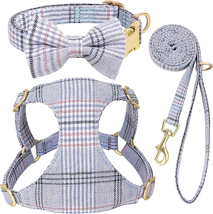 Beirui Cute Extra Small Dog Harness Collar and Leash Set with Bowtie, Soft Adjustable Plaid Puppy Harness for Small Sized ...