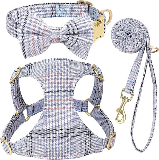Beirui Cute Extra Small Dog Harness Collar and Leash Set with Bowtie, Soft Adjustable Plaid Puppy Harness for Small Sized ...