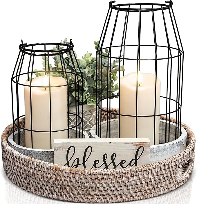 Rustic Farmhouse Lantern Decor Set of 2 - Stylish Decorative Lanterns for Your Living Room, Fireplace Mantle or Kitchen Di...