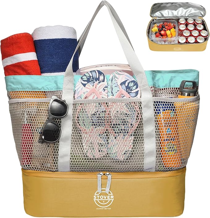 STOVER Extra Large Mesh Beach Bag, Vacation, Pool, Shopping & Travel Tote - Foldable w/Storage Pouch & Pockets for Women, Men