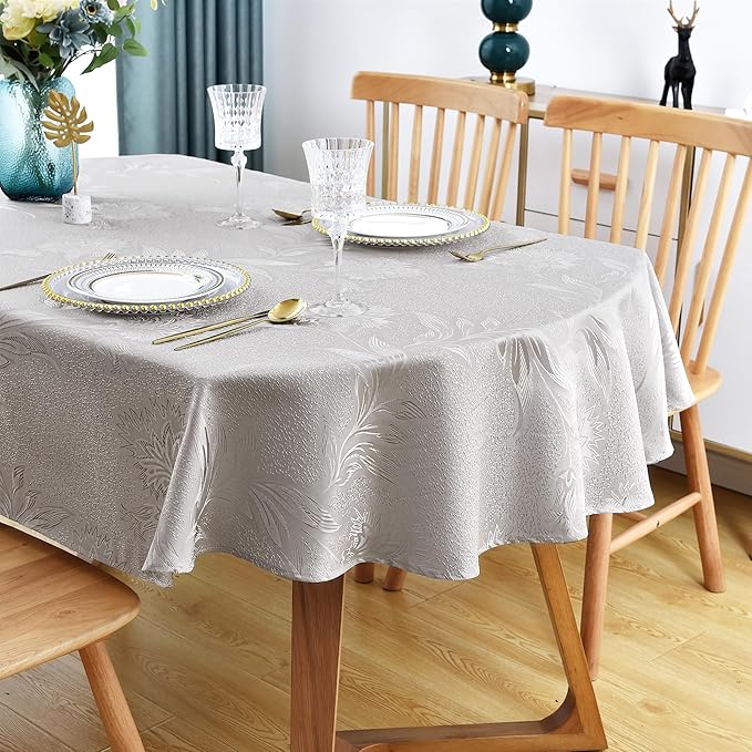 Wolkemer Shiny Small Oval Jacquard Tablecloth 52 x 70 Inch Grey Floral Countryside Leaves Damask Patterns Table Cloth Glos...