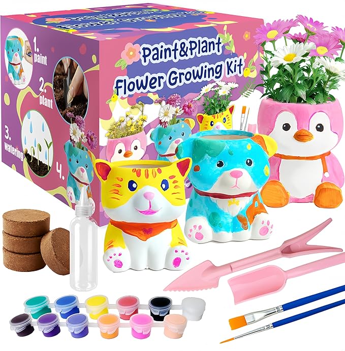 yasest Paint & Plant Flower Growing Kit for Kids - 4 Set DIY Animal Pattern Ceramic Painting Kit, Kids Gardening Set, Arts...