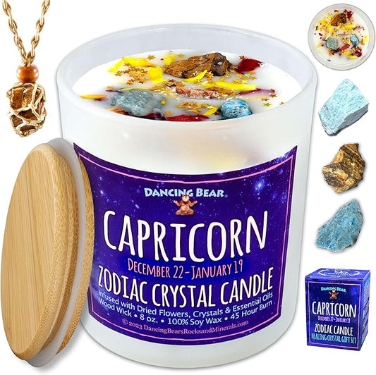 DANCING BEAR Capricorn Zodiac Candle Gift Box Set with 3 Healing Crystals & Stone Holder Necklace, 100% Soy Scented Wax, C...