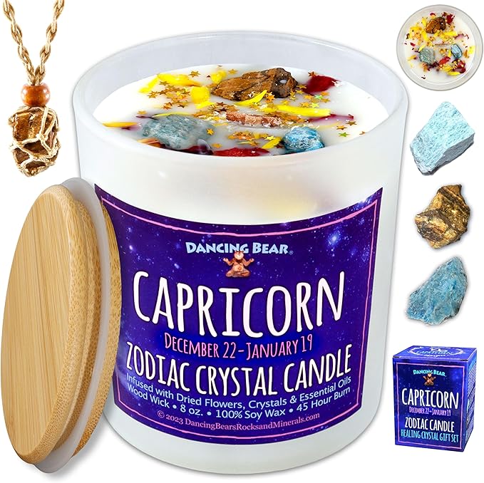 DANCING BEAR Capricorn Zodiac Candle Gift Box Set with 3 Healing Crystals & Stone Holder Necklace, 100% Soy Scented Wax, C...