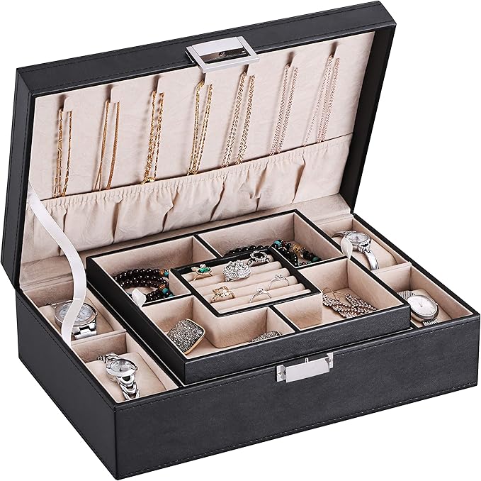 BEWISHOME Mens Jewelry Box, Jewelry Organizer with 4 Watch Case Removable Tray, Jewelry Storage Case for Necklace, Earring...