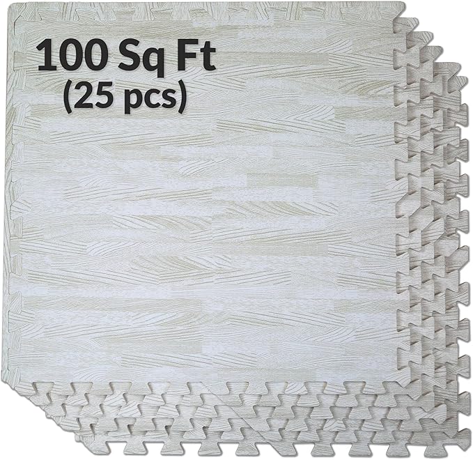Home Aesthetics 100 Sq. Ft 3/8 Inch Thick Printed Foam Tiles Interlocking Foam Mat, 24" x 24", 25 pcs, White Wood Grain St...