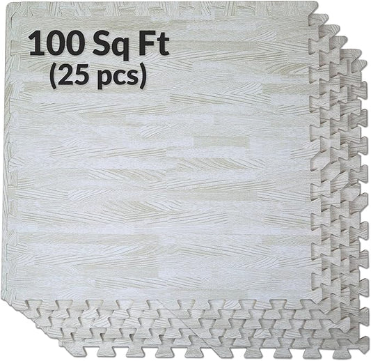Home Aesthetics 100 Sq. Ft 3/8 Inch Thick Printed Foam Tiles Interlocking Foam Mat, 24" x 24", 25 pcs, White Wood Grain St...
