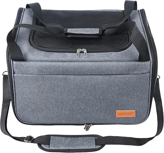 AIWIKIDE Lightweight Waterproof Cat Carrier - Foldable Design w/Full Cover for Security, Includes Collapsible Bowl, Grey