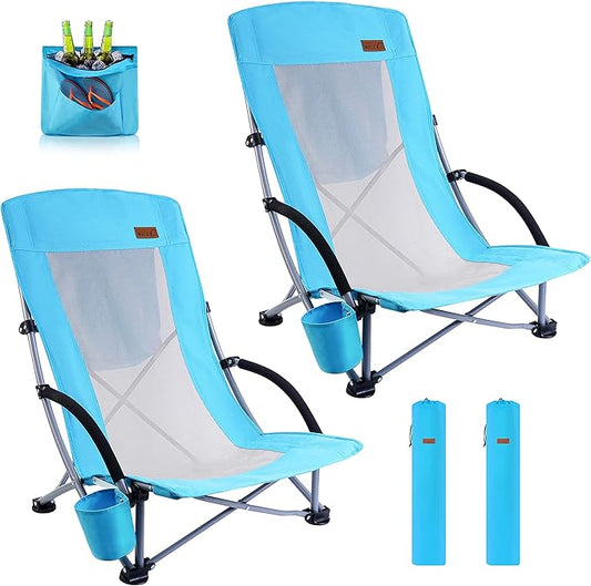 Nice C Beach Chair, Beach Chairs for Adults 2 Pack w/Cooler Compact High Back, Cup Holder & Carry Bag & Heavy Duty Outdoo...