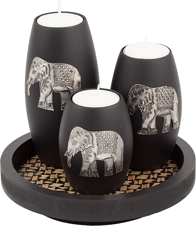 IYARA CRAFT Elephant Candle Holder Set – 3 Handmade Wood Tealight Holders with Tray, Rustic Black Home Décor, Cozy Holiday...