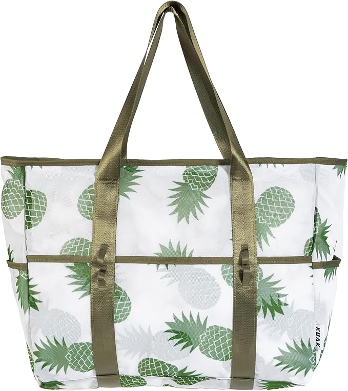 KUAK Mesh Beach Bag, Large Beach Tote with Top Zipper, 9 Pockets, Inner Waterproof Pocket for Family Pool Vacation Essentials