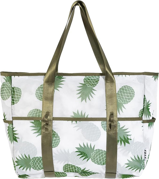KUAK Mesh Beach Bag, Large Beach Tote with Top Zipper, 9 Pockets, Inner Waterproof Pocket for Family Pool Vacation Essentials