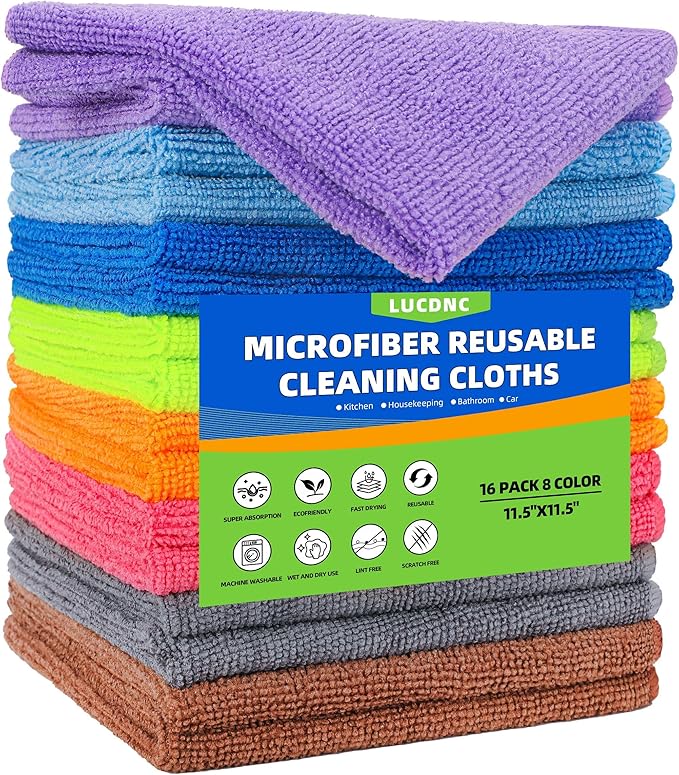 lucdnc Microfiber Cleaning Cloths 16 Pack 8 Color Cleaning Rags for Housekeeping Home Kitchen Bathroom Car,11.5"X11.5" Sof...